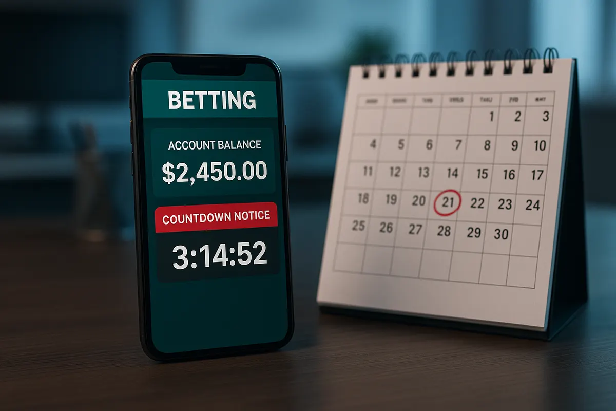Phone showing a betting account balance next to a calendar with a deadline circled in red