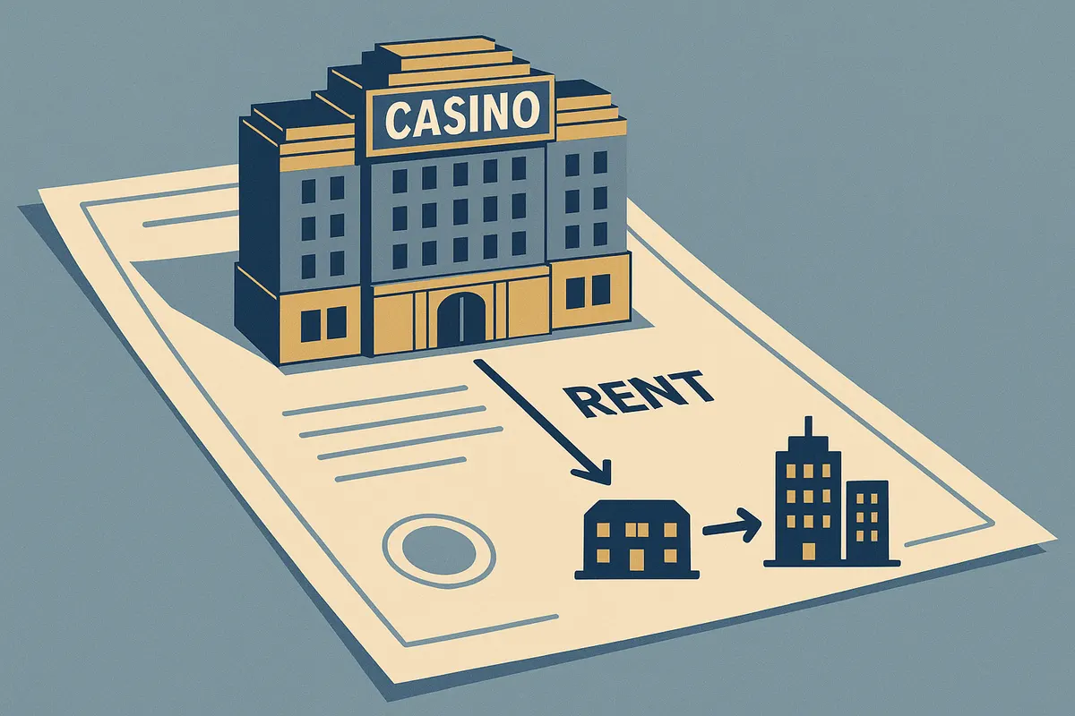 Illustration showing a casino building separated from its operating business to represent the gaming REIT model