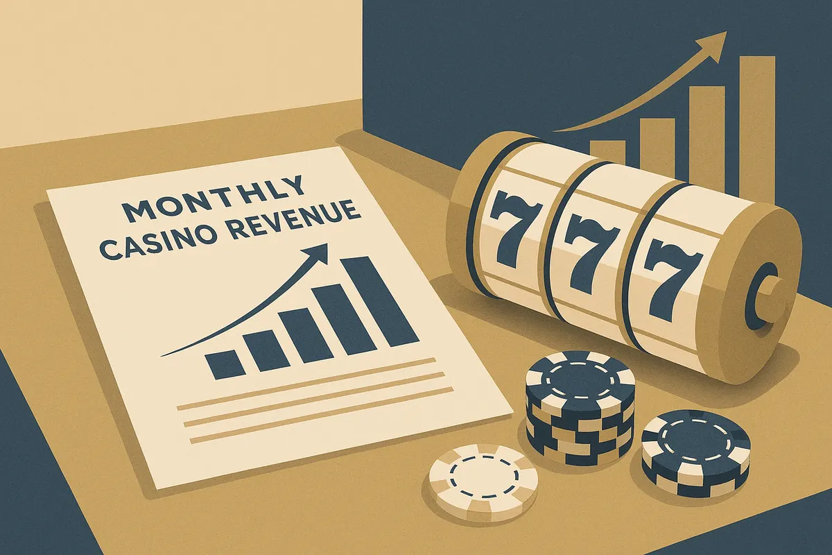 Casino revenue report with rising bar chart next to slot reels and chips