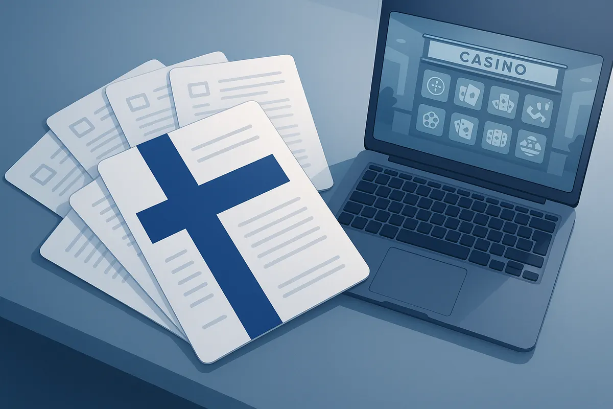 Illustration of Finnish gambling licence documents beside a laptop showing an online casino lobby