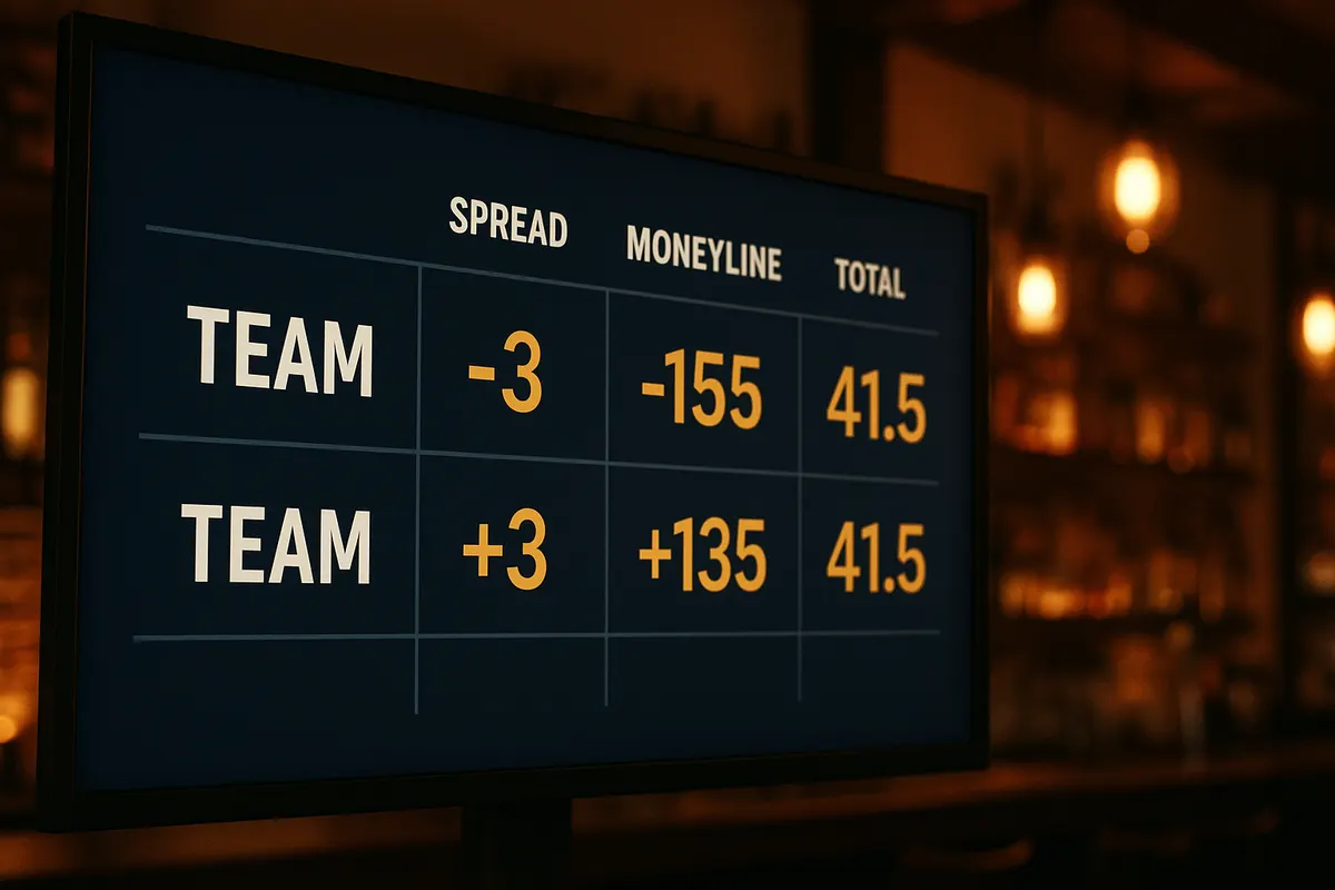 NFL betting line displayed on a screen showing point spread, moneyline and over/under total