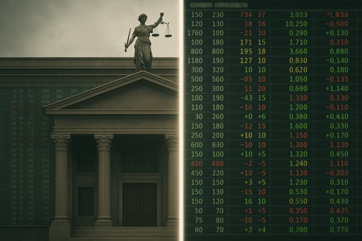 Split image of a financial order book and a sportsbook odds board, illustrating prediction markets versus betting
