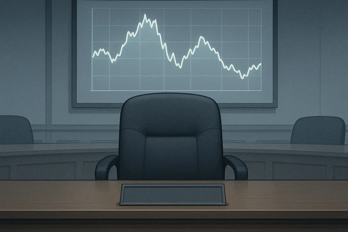 Empty executive chair in a boardroom with an event-contract price chart on the wall screen, symbolising a resignation over a prediction-market deal